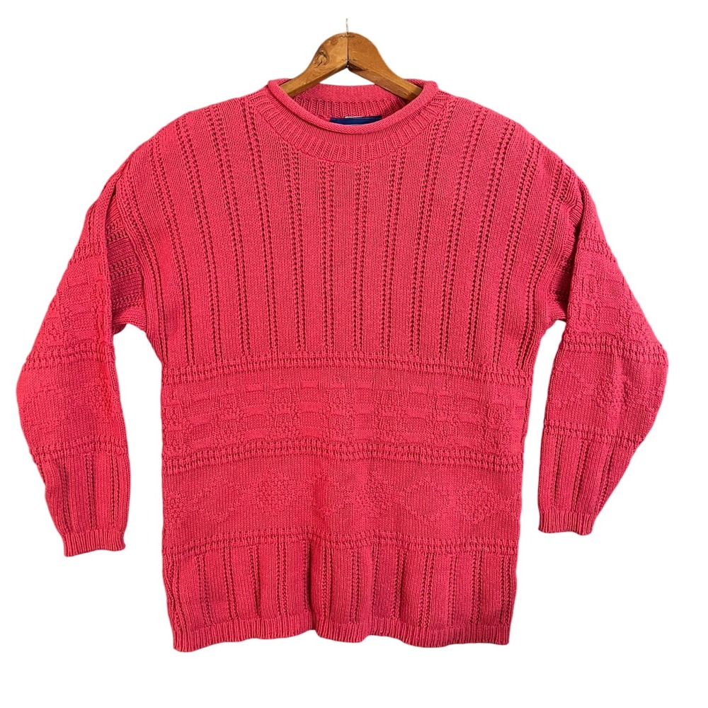Vintage Prides Landing Pink Knit Roll Neck Sweater Textured Cotton Pullover Sz L